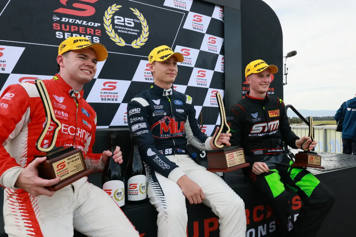 Round 2 podium Super2 Tasmania 2025 Tickford sweep
